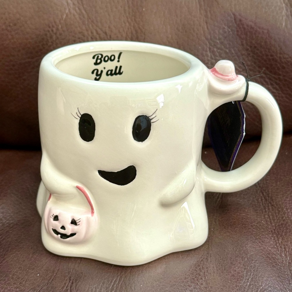 Boo! Y’all - Ghost Girl with Pink Pumpkin and Cowboy Hat on Handle 17oz Mug